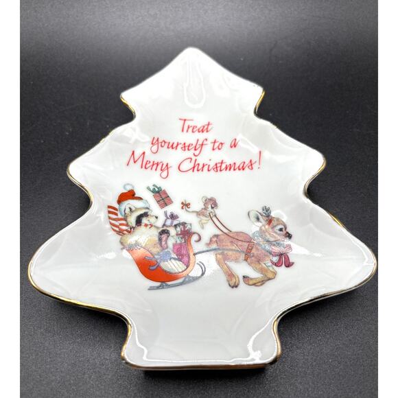 Vintage Designers Collection Porcelain Christmas Tree Raccoon Santa Trinket Tray - Picture 1 of 5